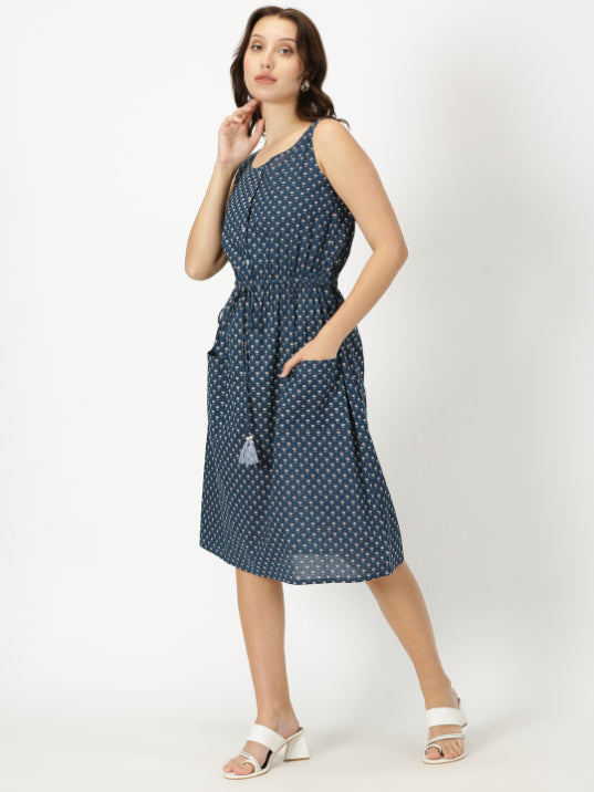Navy Blue Lotus Print Midi Dress with Waist Tie-up
