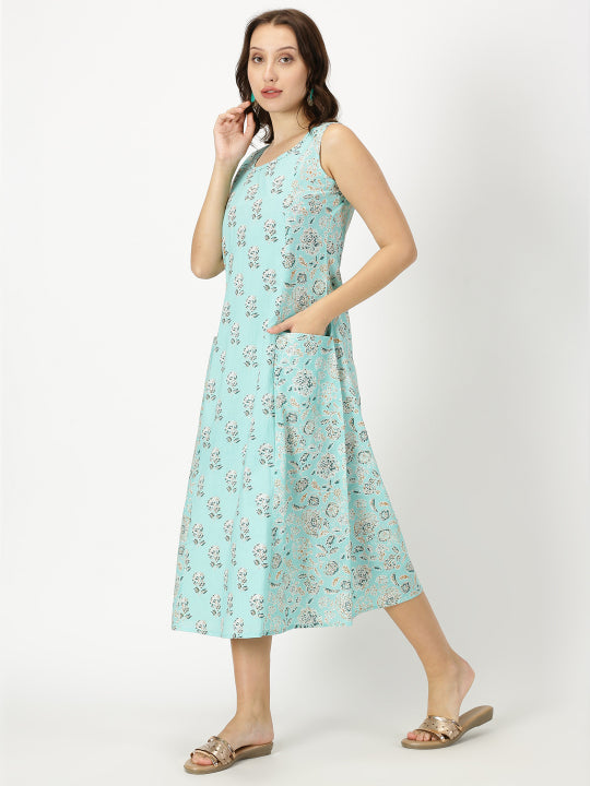 Turquoise Blue Floral Print Panelled Midi Dress
