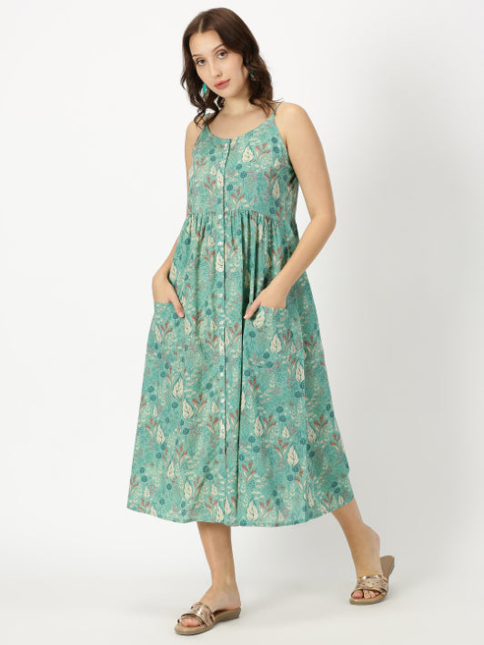 Green Leaf Print Strappy Midi Dress