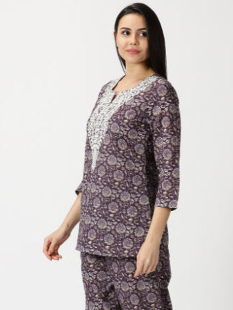 Purple Floral Cotton Tunic with Chikankari Embroidered Yoke
