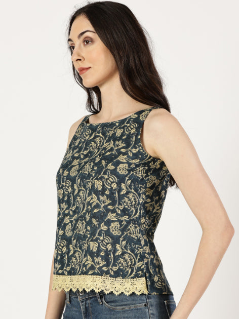 Blue Ethnic Floral Print Top with Lace Inserts