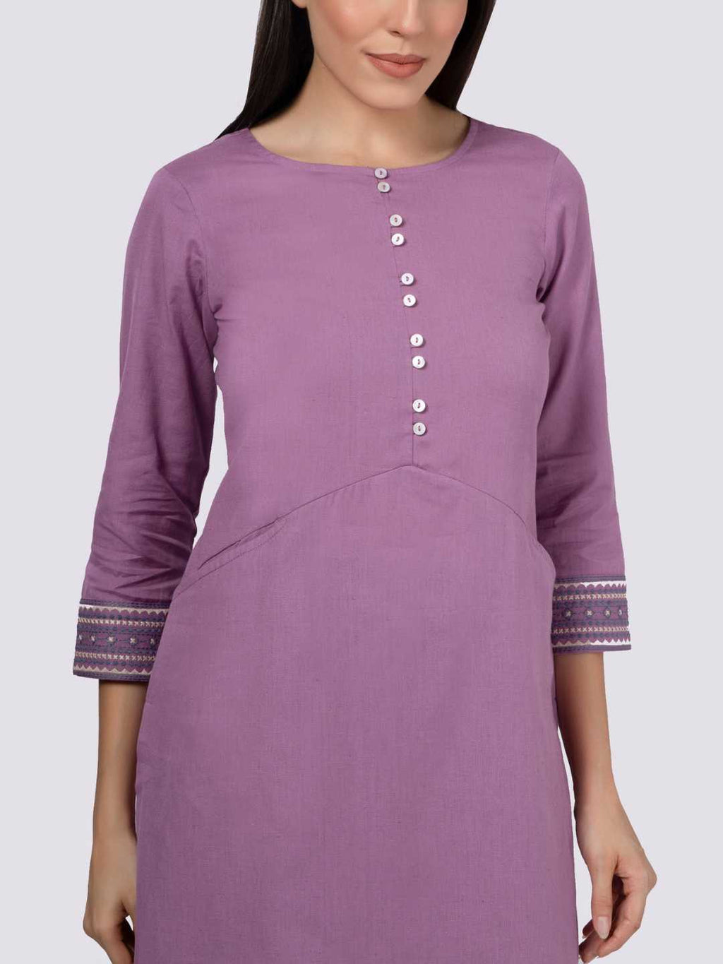 Mauve Solid Cotton Kurta with Pockets & Sleeve Embroidery