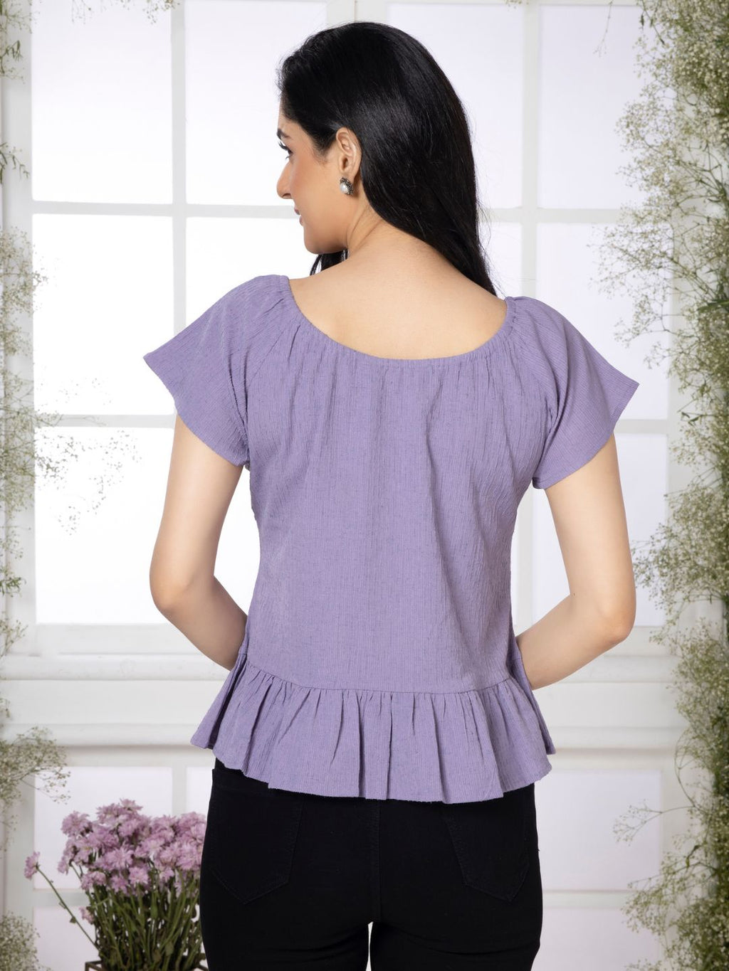 Greek Lavender Crinkled Peplum Top