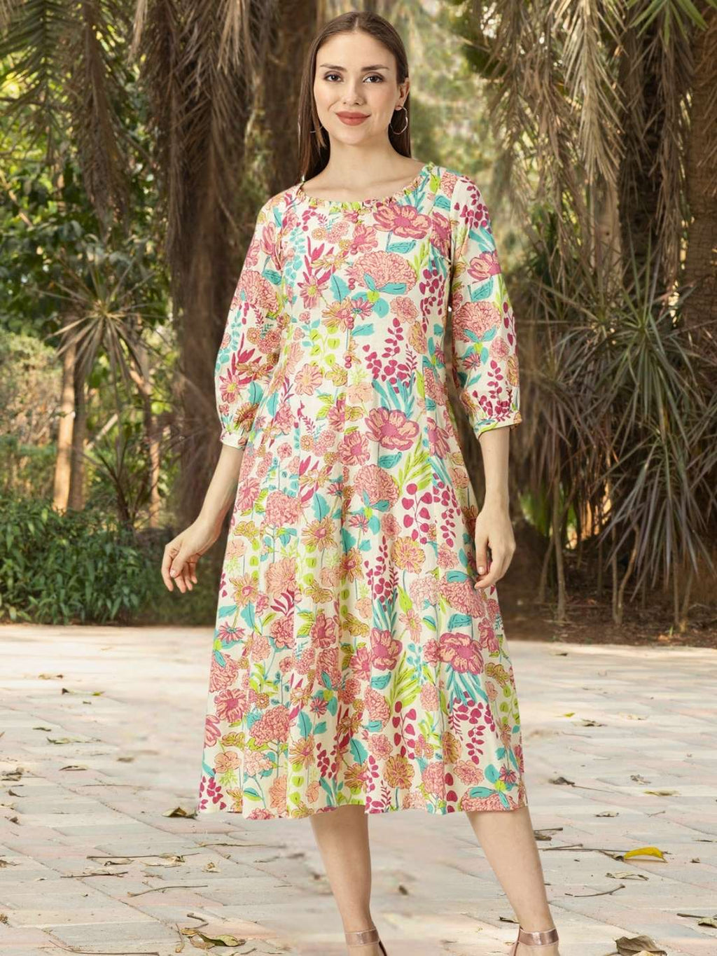 Pink Tropical Print Boho Cotton Dress