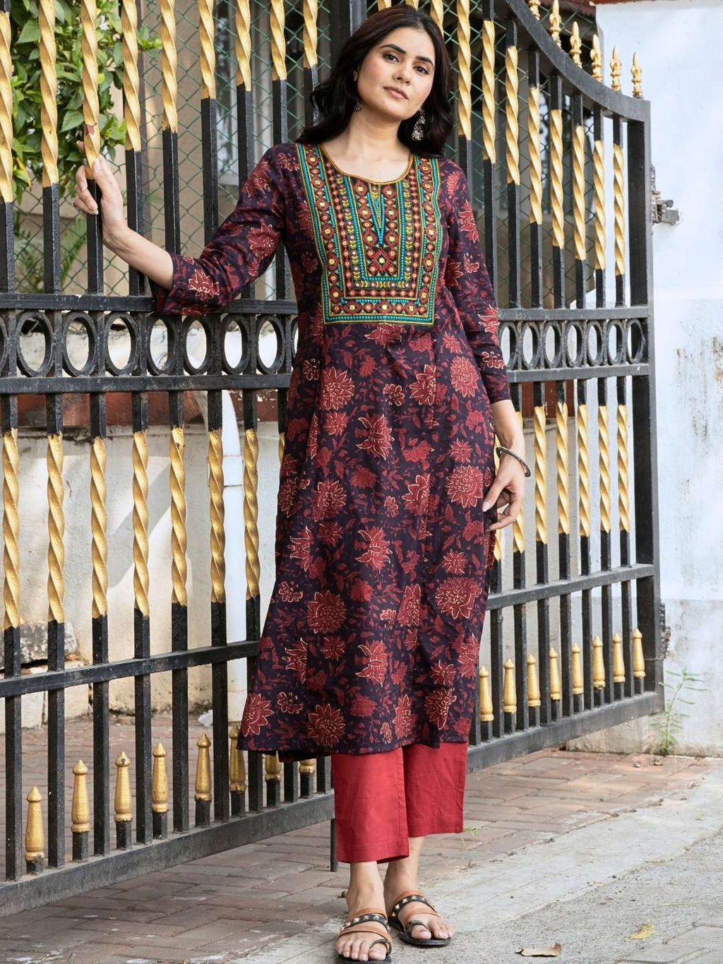 Maroon Neck Embroidery Cotton Kurta with Floral Print