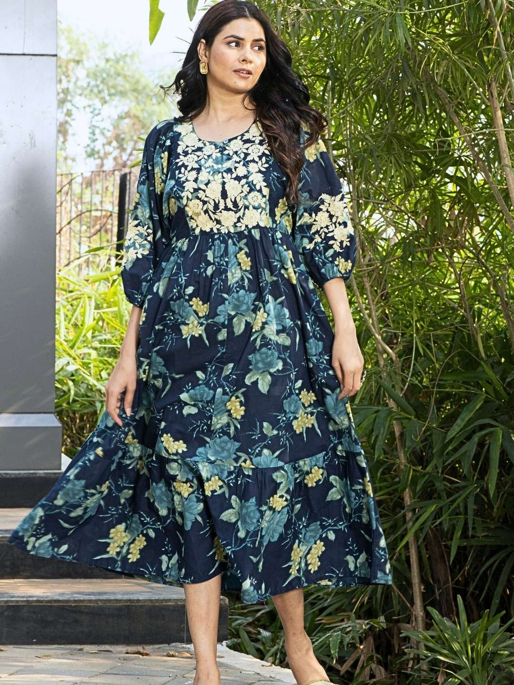 Navy Blue Neck Embroidery Cotton Dress with Floral Print