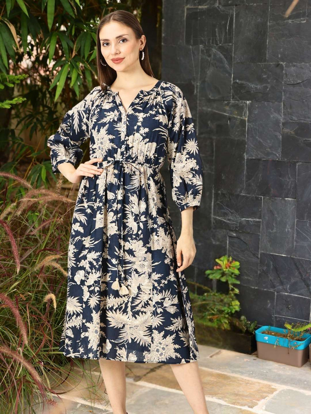 Navy Blue Tropical Print Cotton Dress with Waist Tie-up