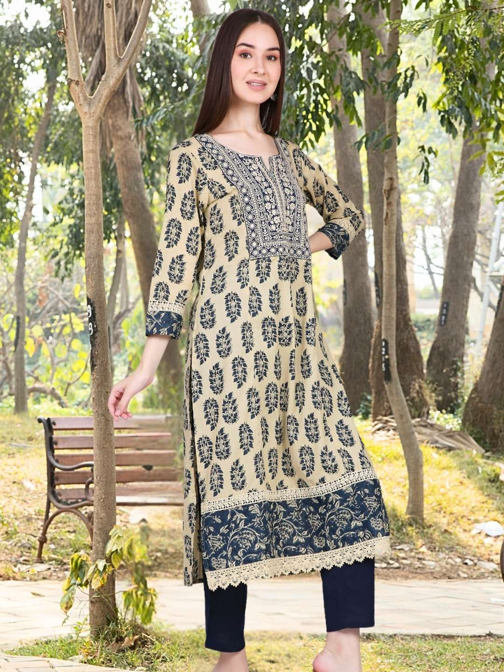 Cream Paisley Leaf Print Kurta with Neck Embroidery and Lace Inserts