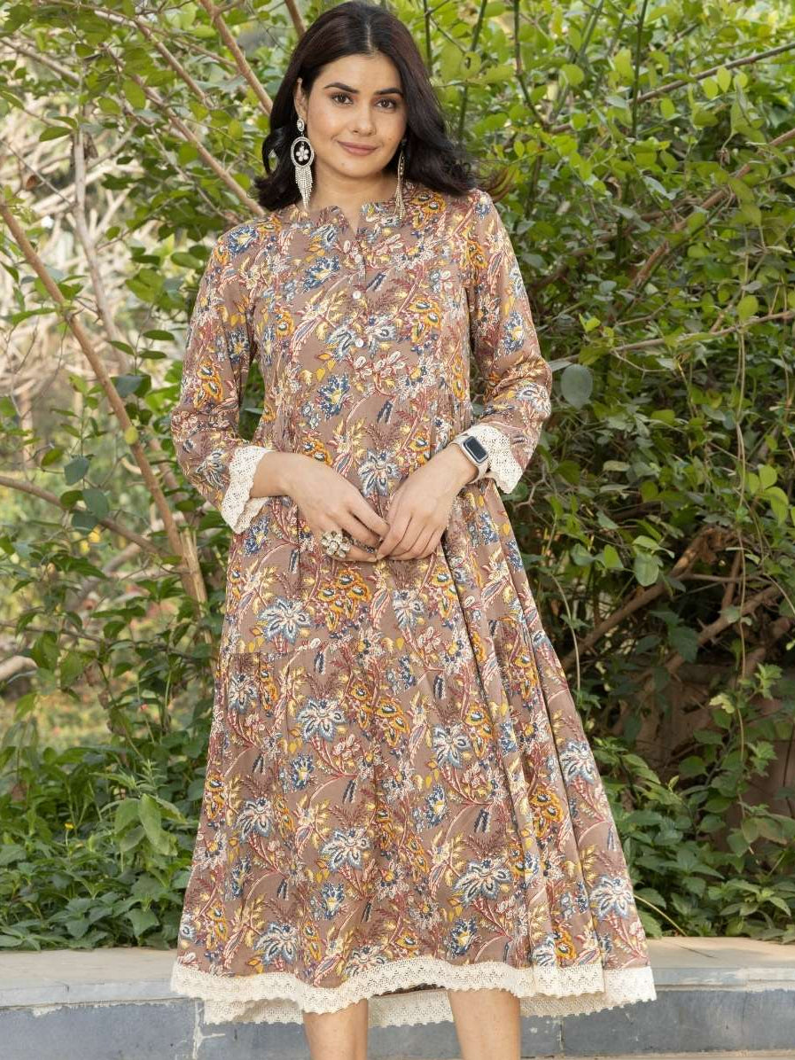 Brown Tropical Print Rayon Dress with Lace Inserts