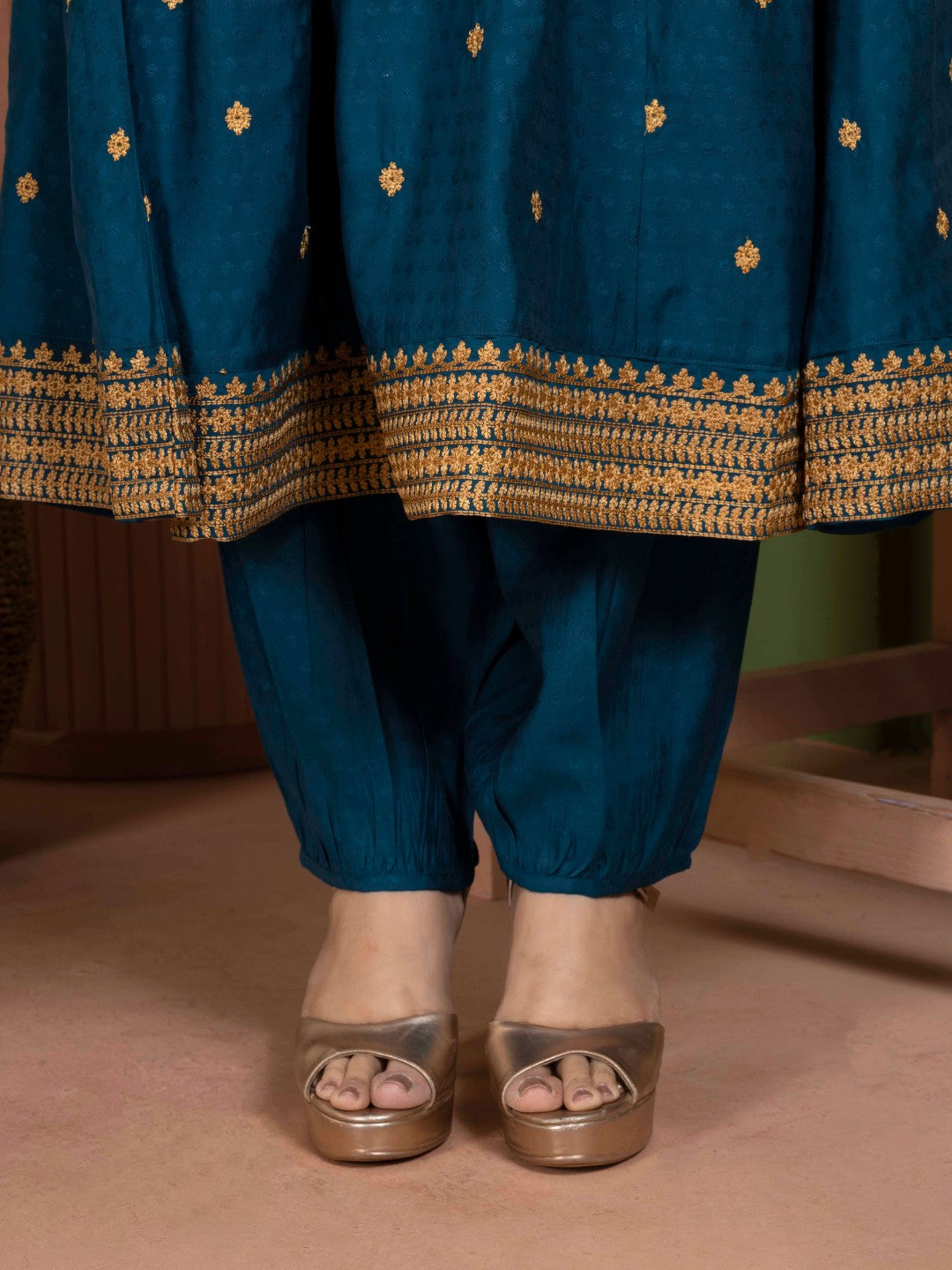 Midnight Teal Kashida Embroidered Fit and Flare Kurta with Salwar and Dupatta