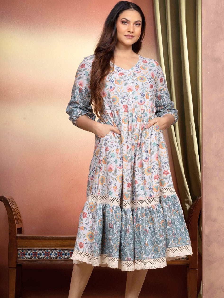 Candlelit Beige Vintage Meadow Boho Tiered Dress