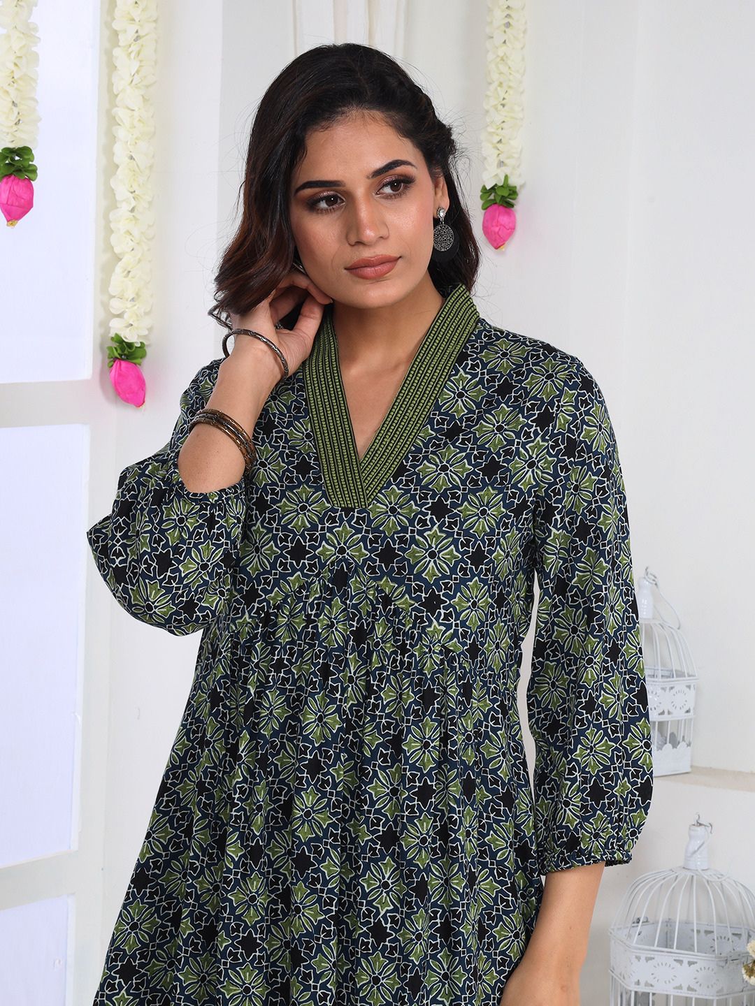 Blue Green Printed A-Line Dress with Embroidery and Pockets