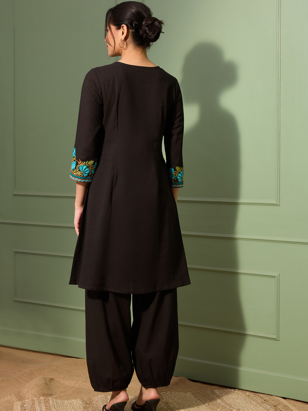 Noir Black Kashida Embroidered A-Line Cotton Kurta Set with Afghani Salwar