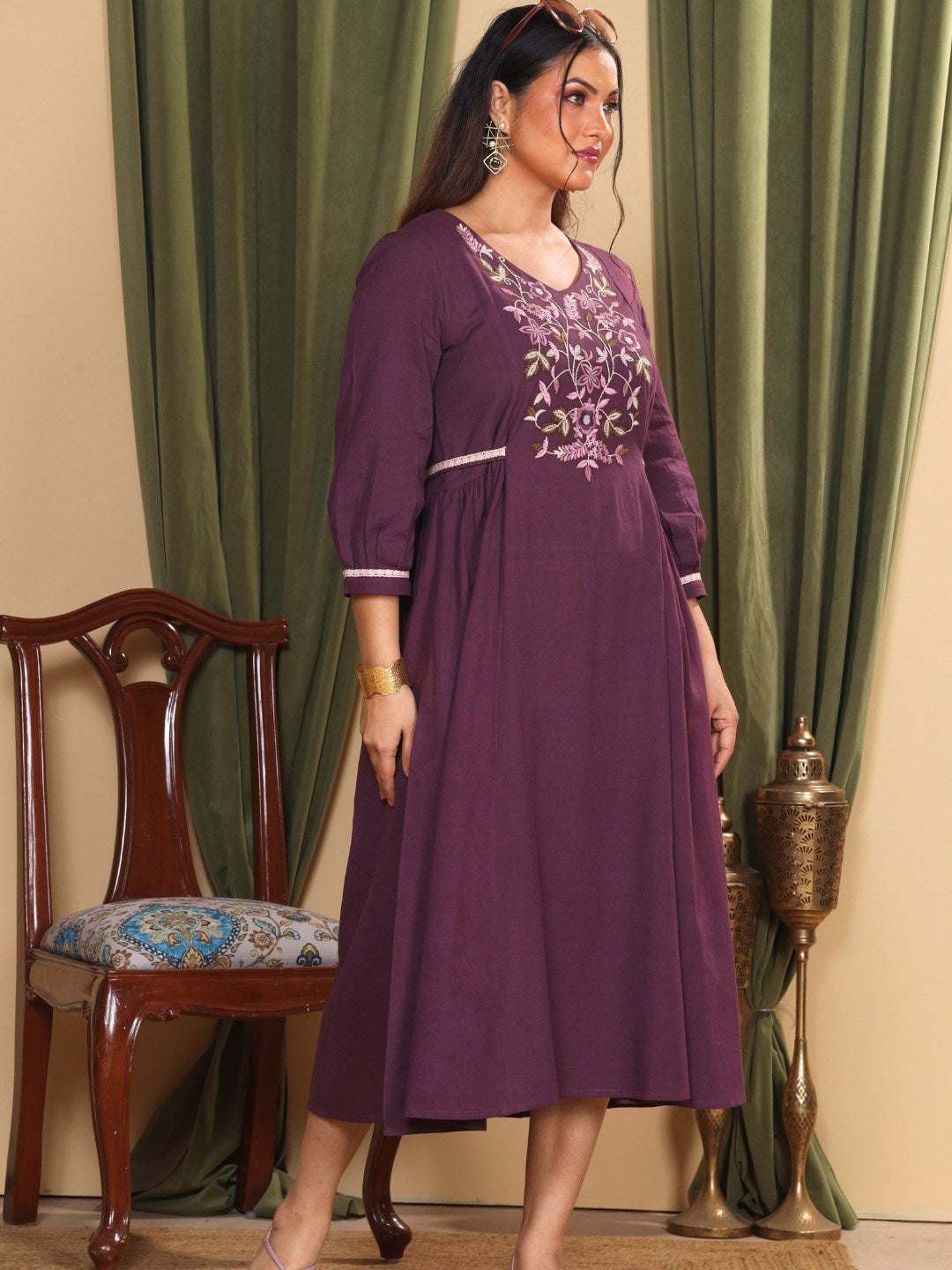 Aubergine Purple Embroidered Cotton-Linen Dress