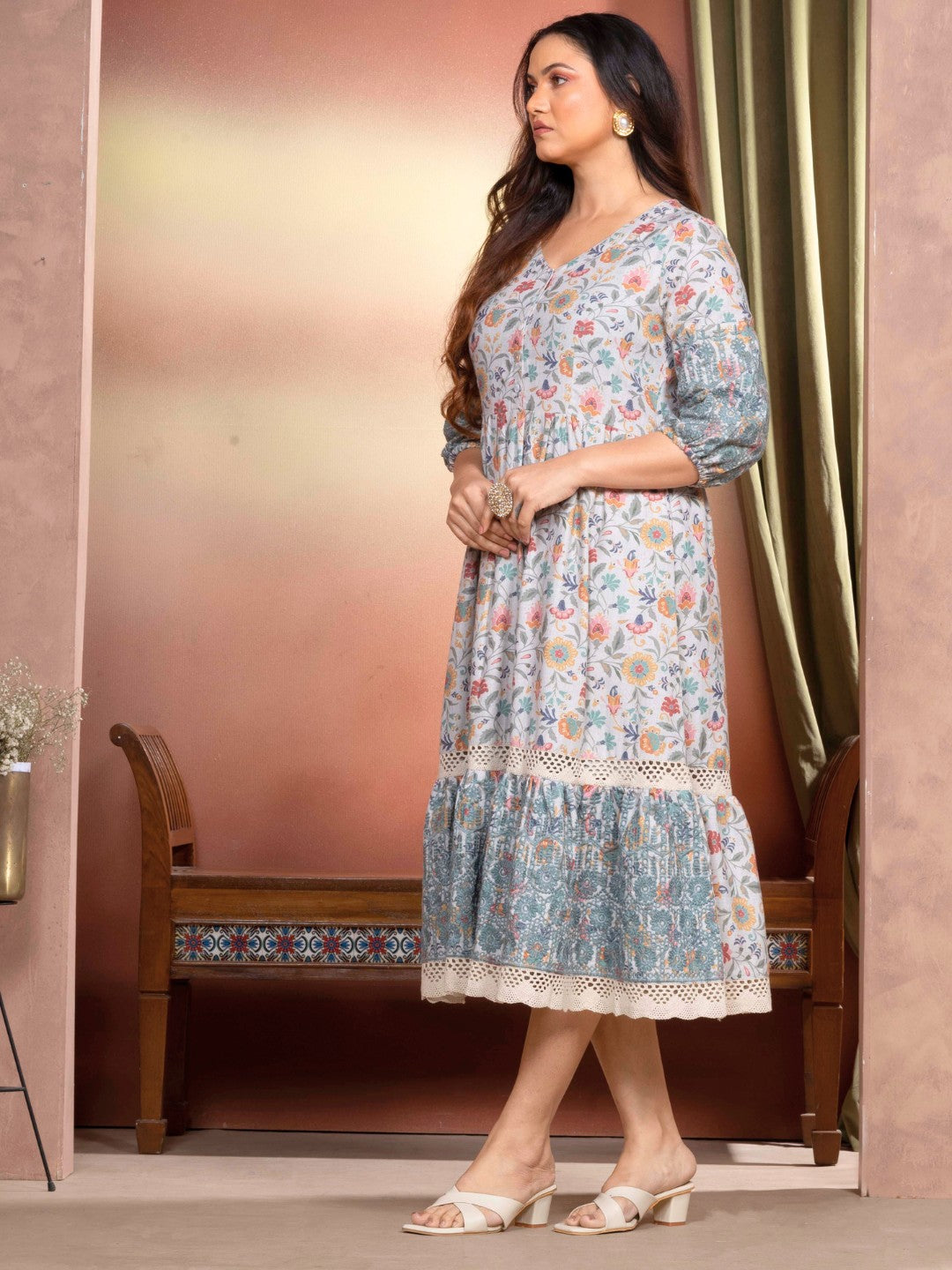 Candlelit Beige Vintage Meadow Boho Tiered Dress