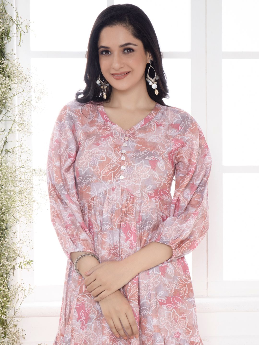 Pastel Pink Modernist Floral Midi Dress