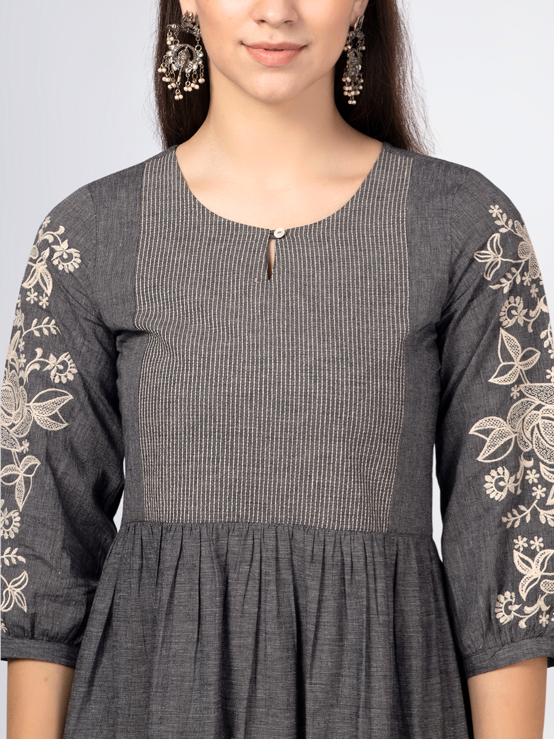 Grey Cotton Tiered Embroidered Dress