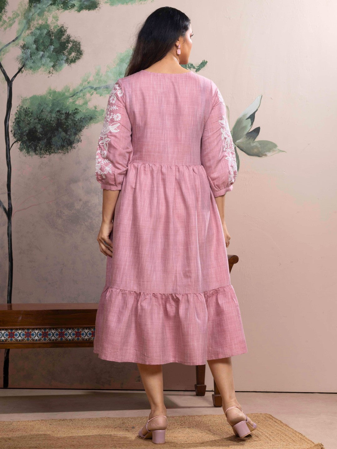 Dawn Pink Chambray Floral Embroidered Tiered Dress
