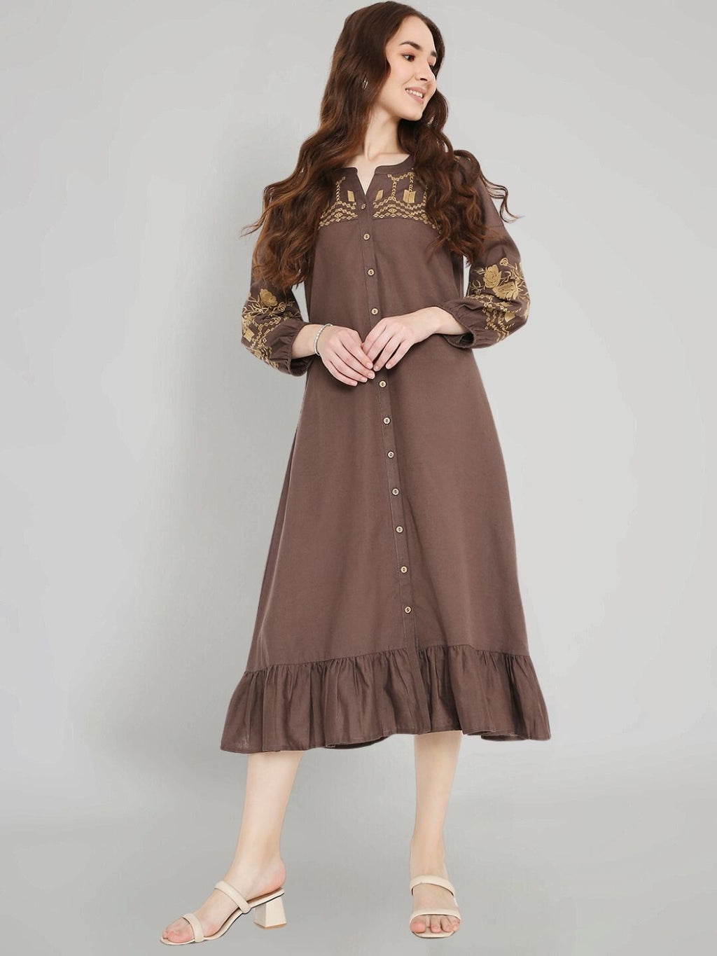 Brown Boho Midi Dress with Embroidered Details – Saffron Threads
