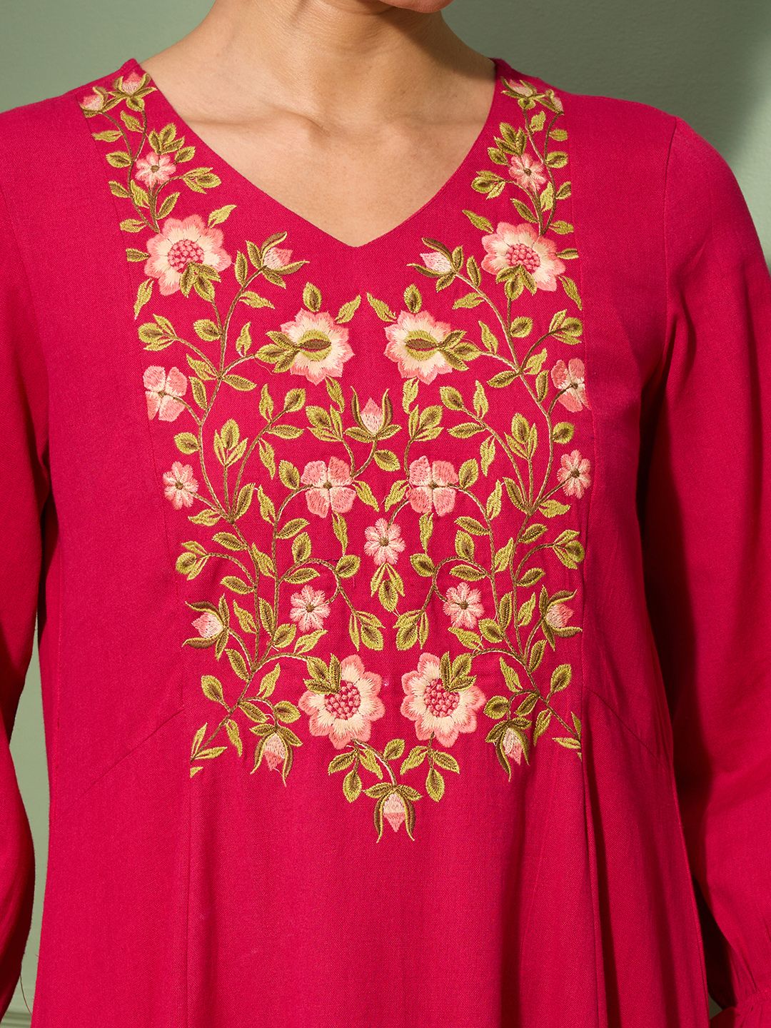 Orchid Magenta Embroidered Cotton Linen Dress
