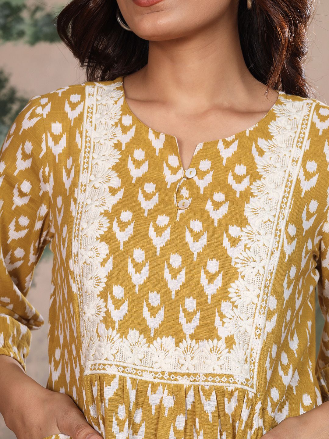 Golden Ochre Cotton Slub Dress Waist Yoke with Embroidery