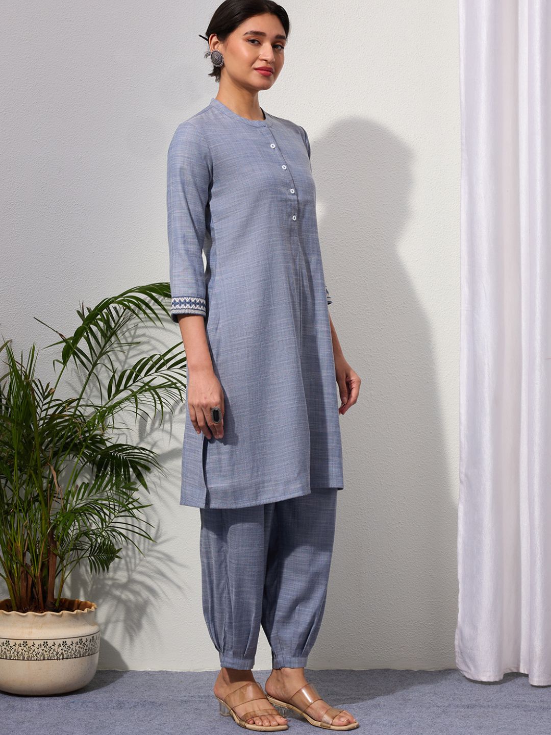 Blue Chambray Kurta Set with Pleated Pants for Women | Saffron Threads