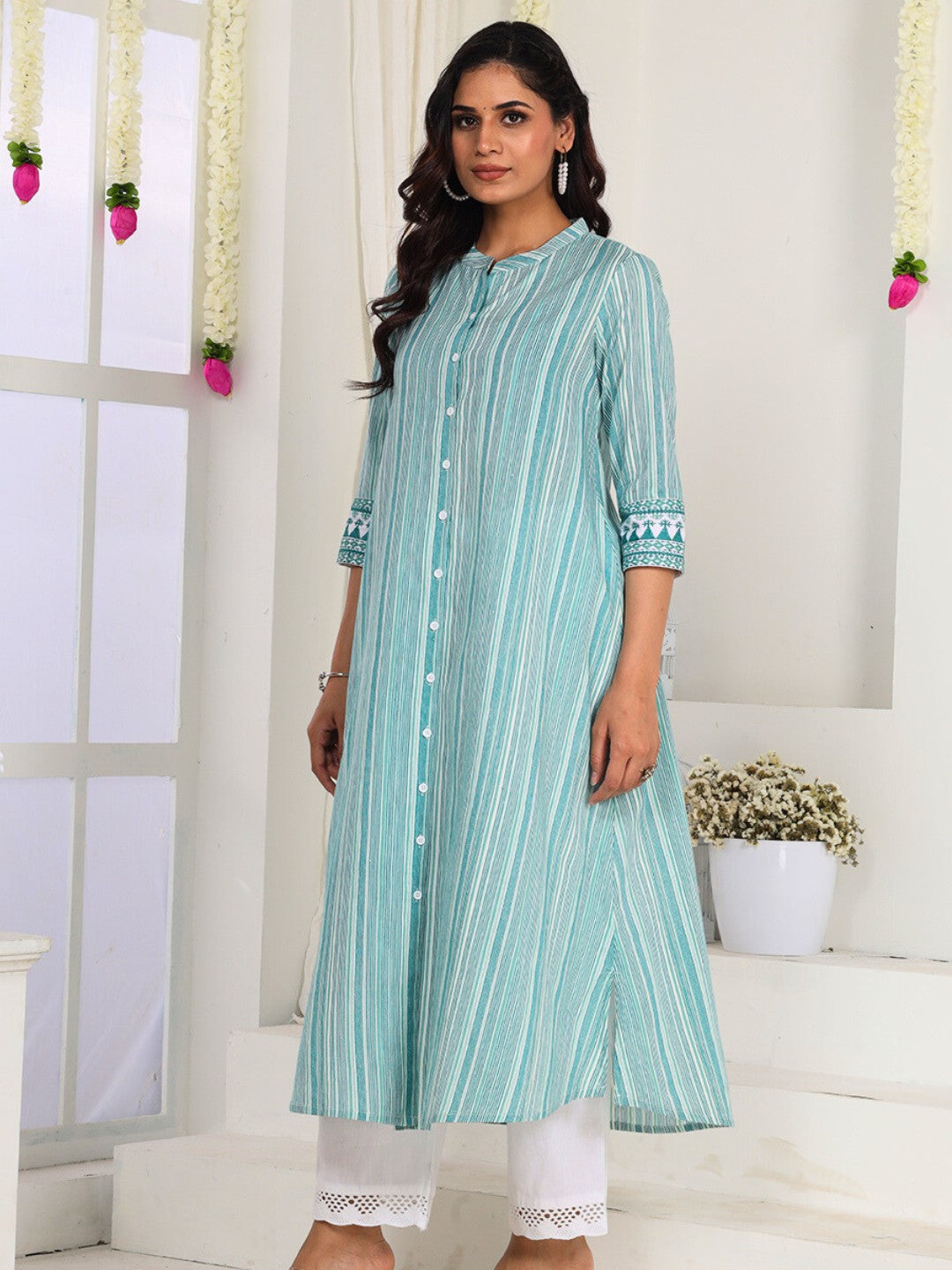 Aqua Teal Striped Cotton Kurta for Women