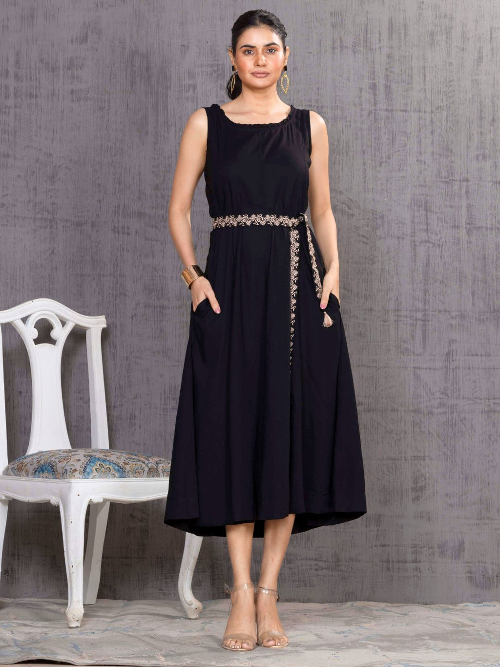 Imperial Black Parsi Gara Belted A-Line Dress
