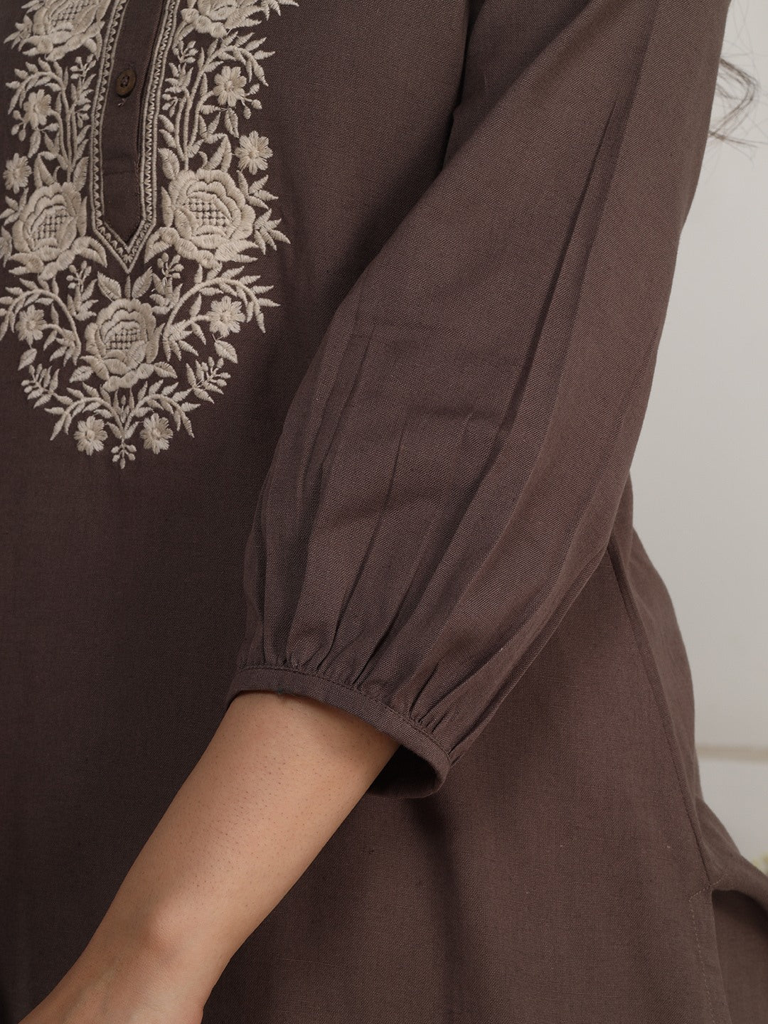 Vintage Walnut Embroidered Kurta Set with Piping Salwar