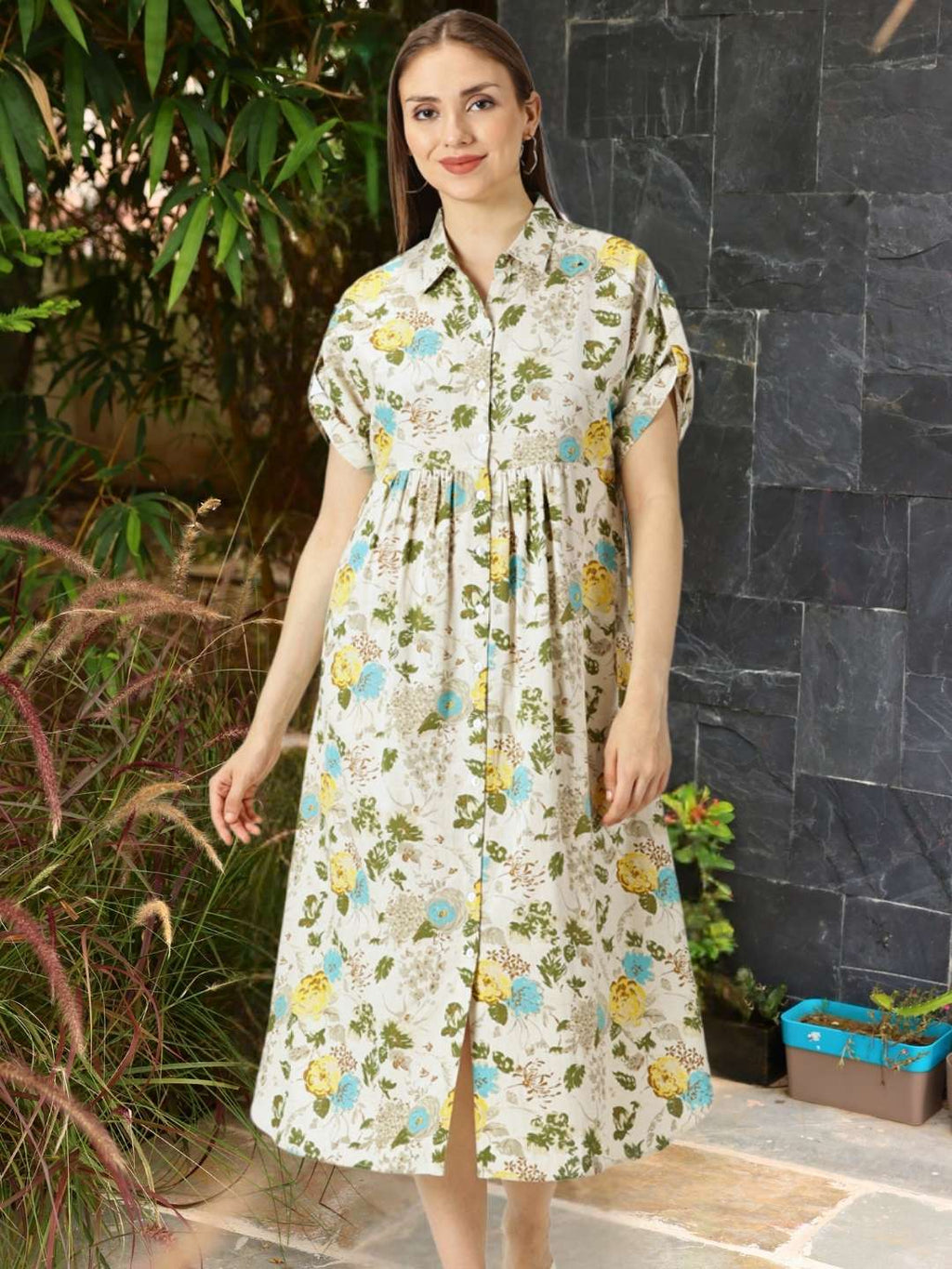 Turquoise Floral Printed Cotton Flax Dress with Shirt Collar