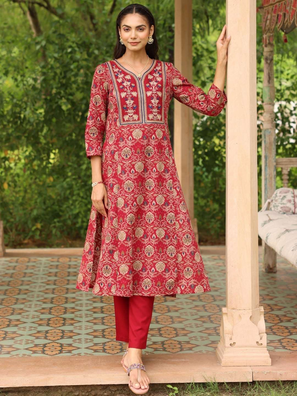 Maroon Ethnic Motifs Printed Cotton Kurta with Neck Embroidery
