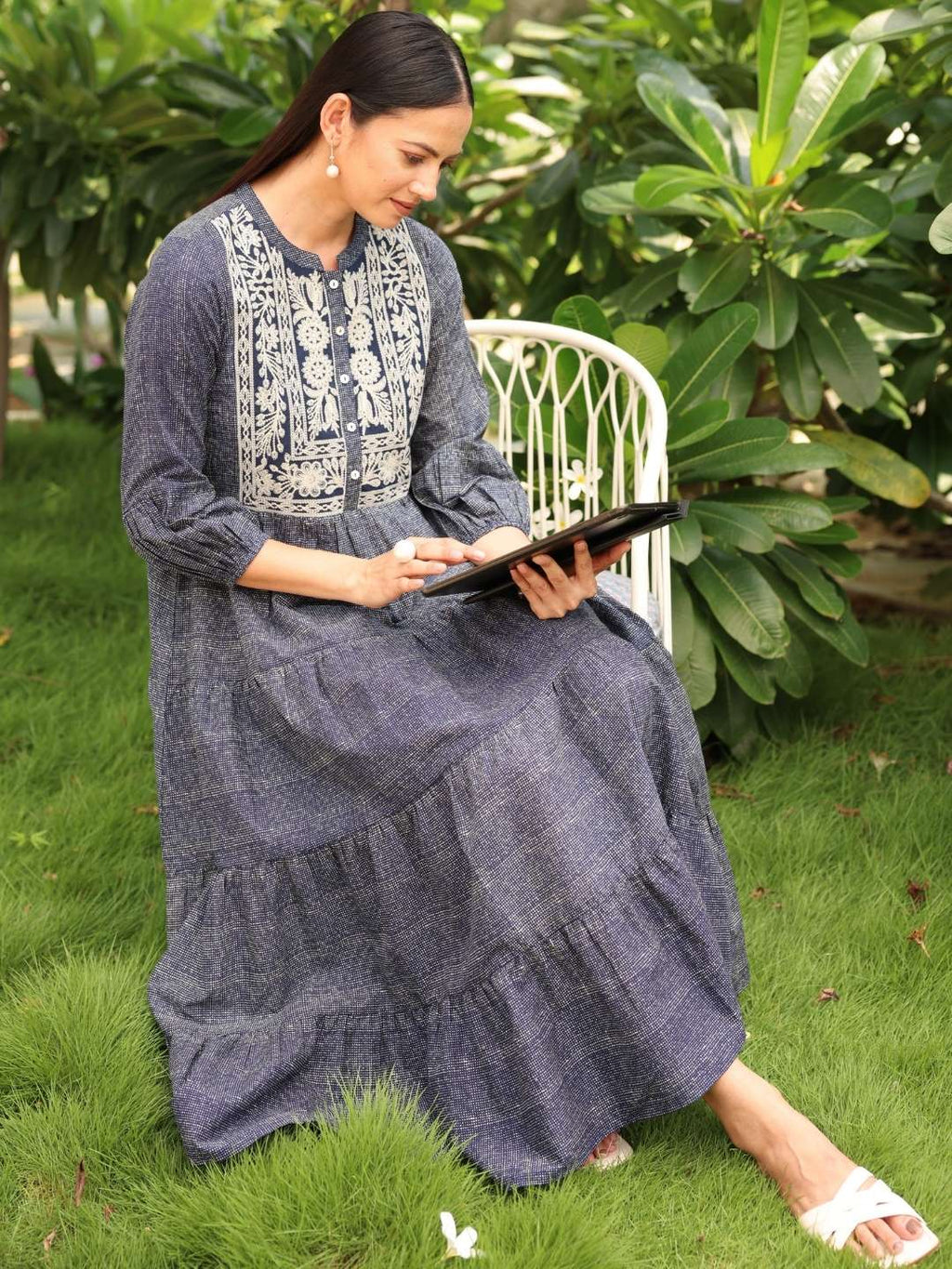 Navy Blue Cotton Tiered Midi Dress