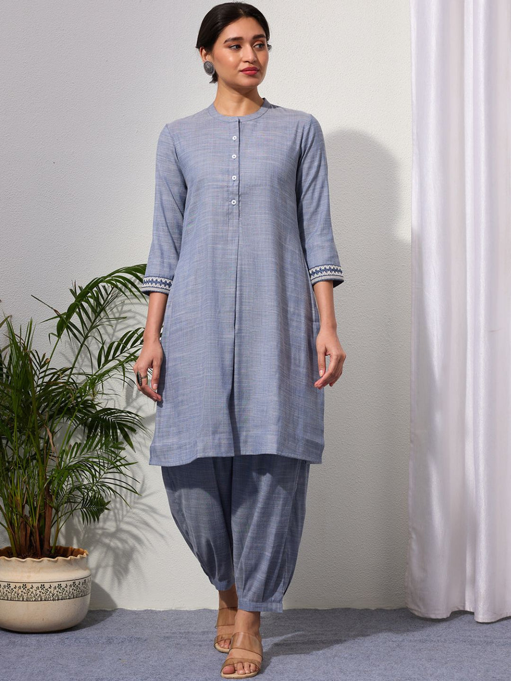 Blue Chambray Kurta Set with Pleated Pants for Women | Saffron Threads