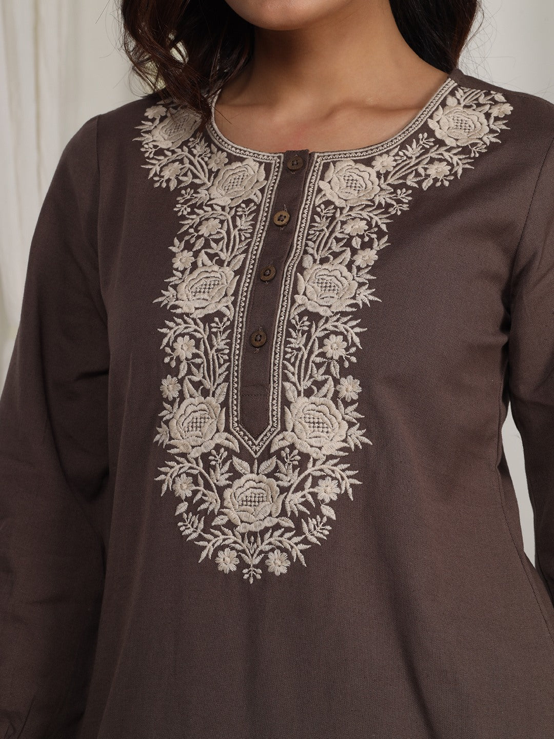 Vintage Walnut Embroidered Kurta Set with Piping Salwar