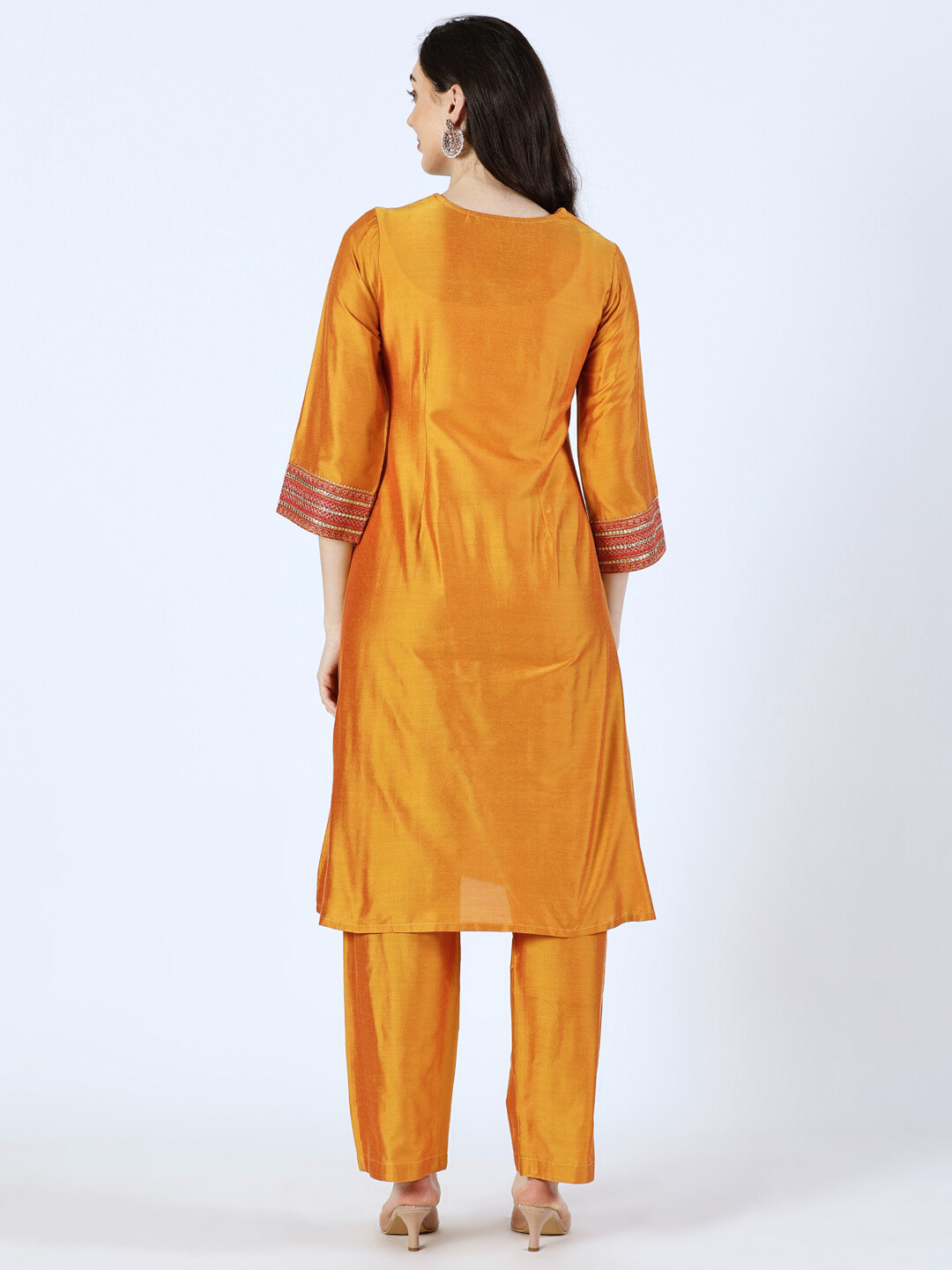 Orange Art Silk Embroidered Lace Kurta and Palazzo Set