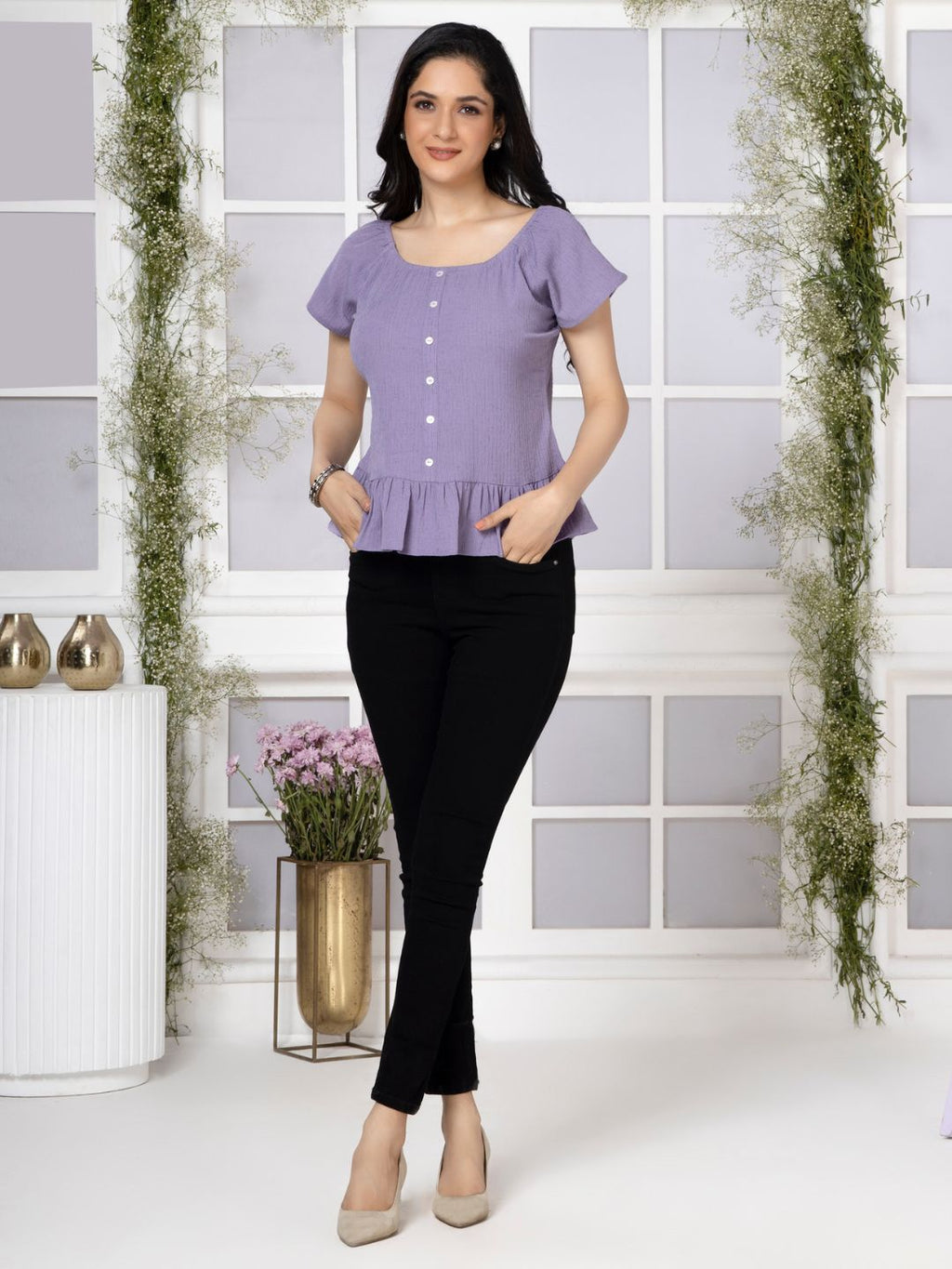 Greek Lavender Crinkled Peplum Top