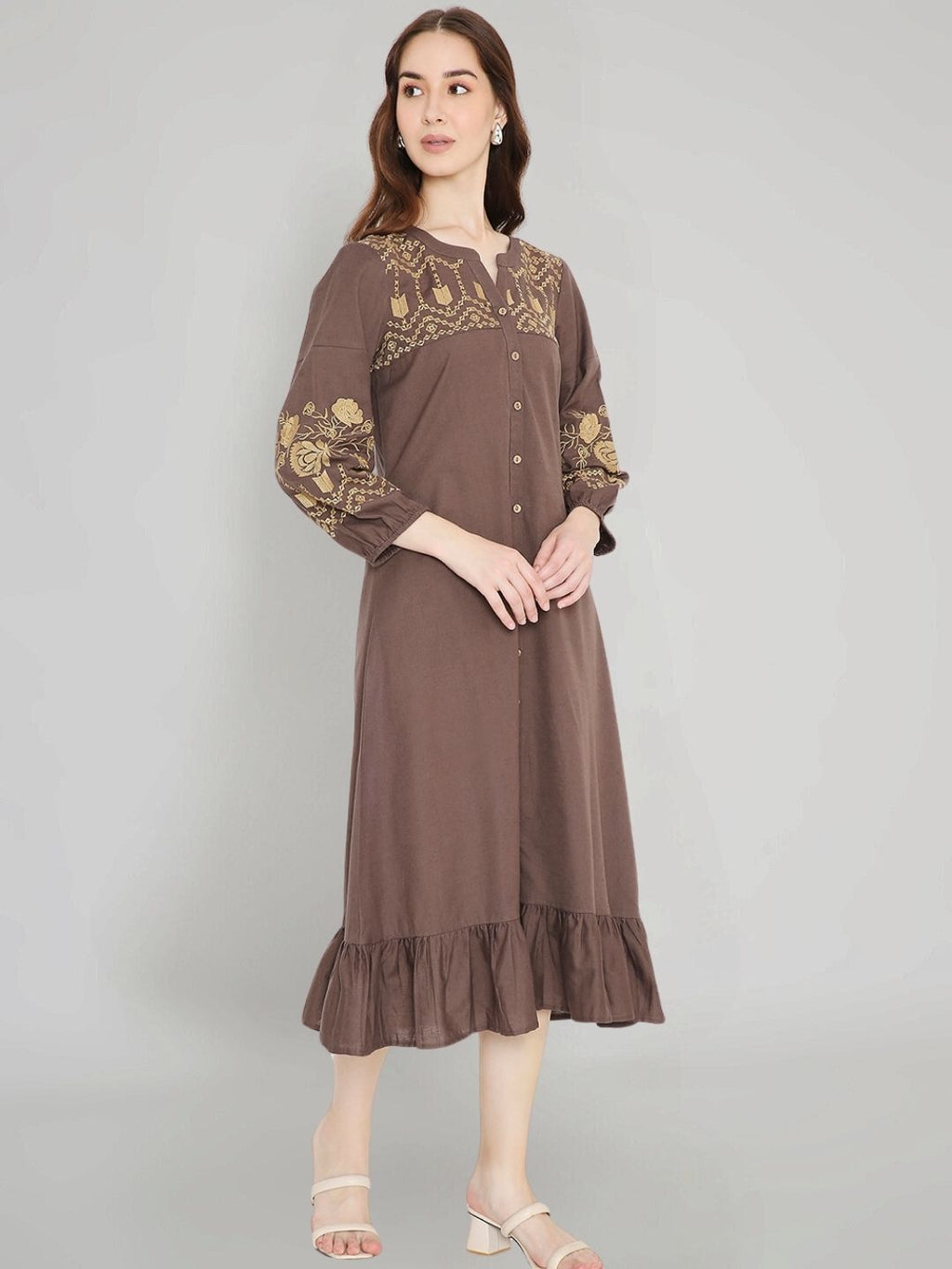 Brown Boho Midi Dress with Embroidered Details – Saffron Threads
