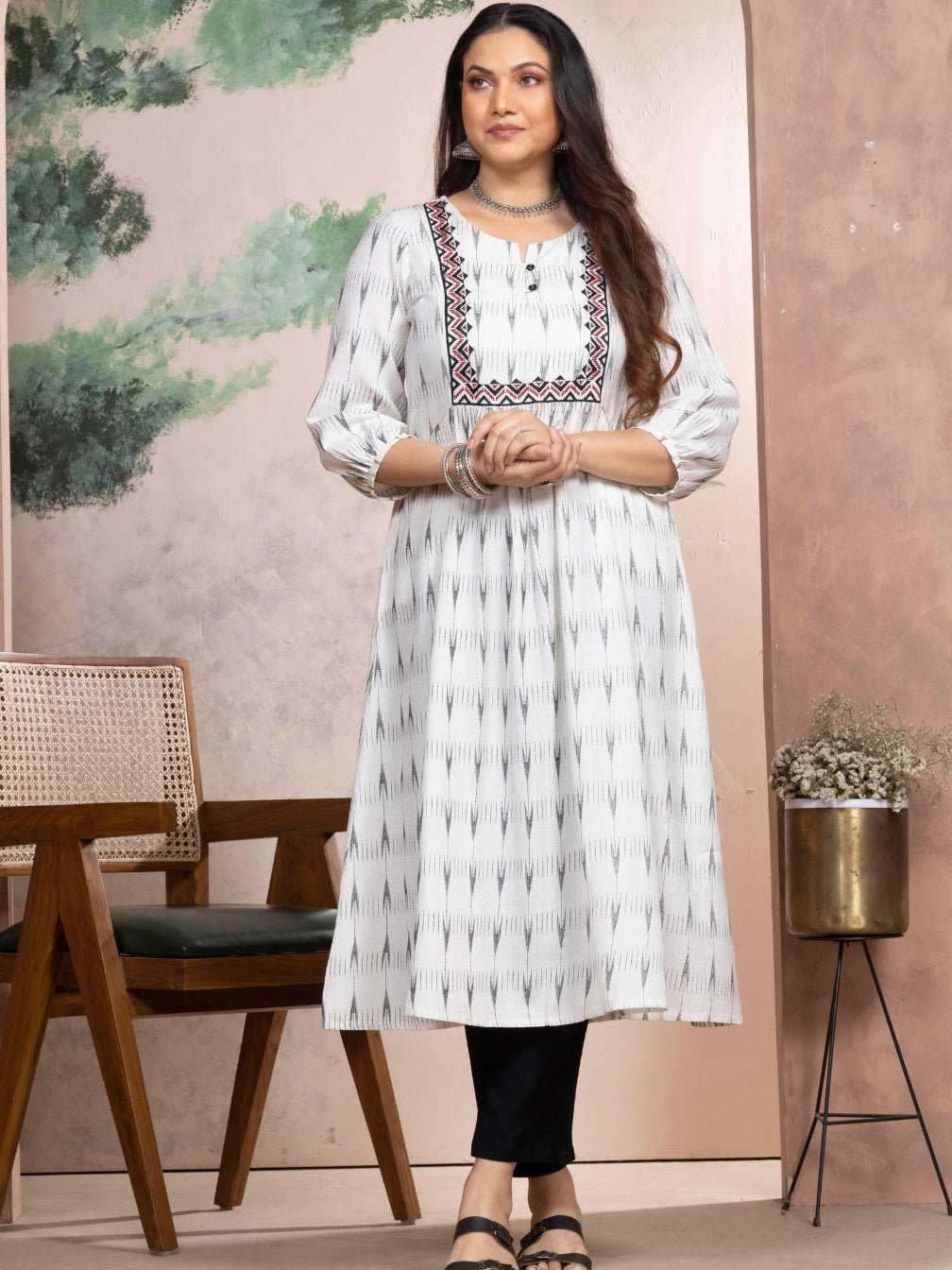 Ecru Dobby Kurta with Charcoal Motifs & Embroidered Yoke