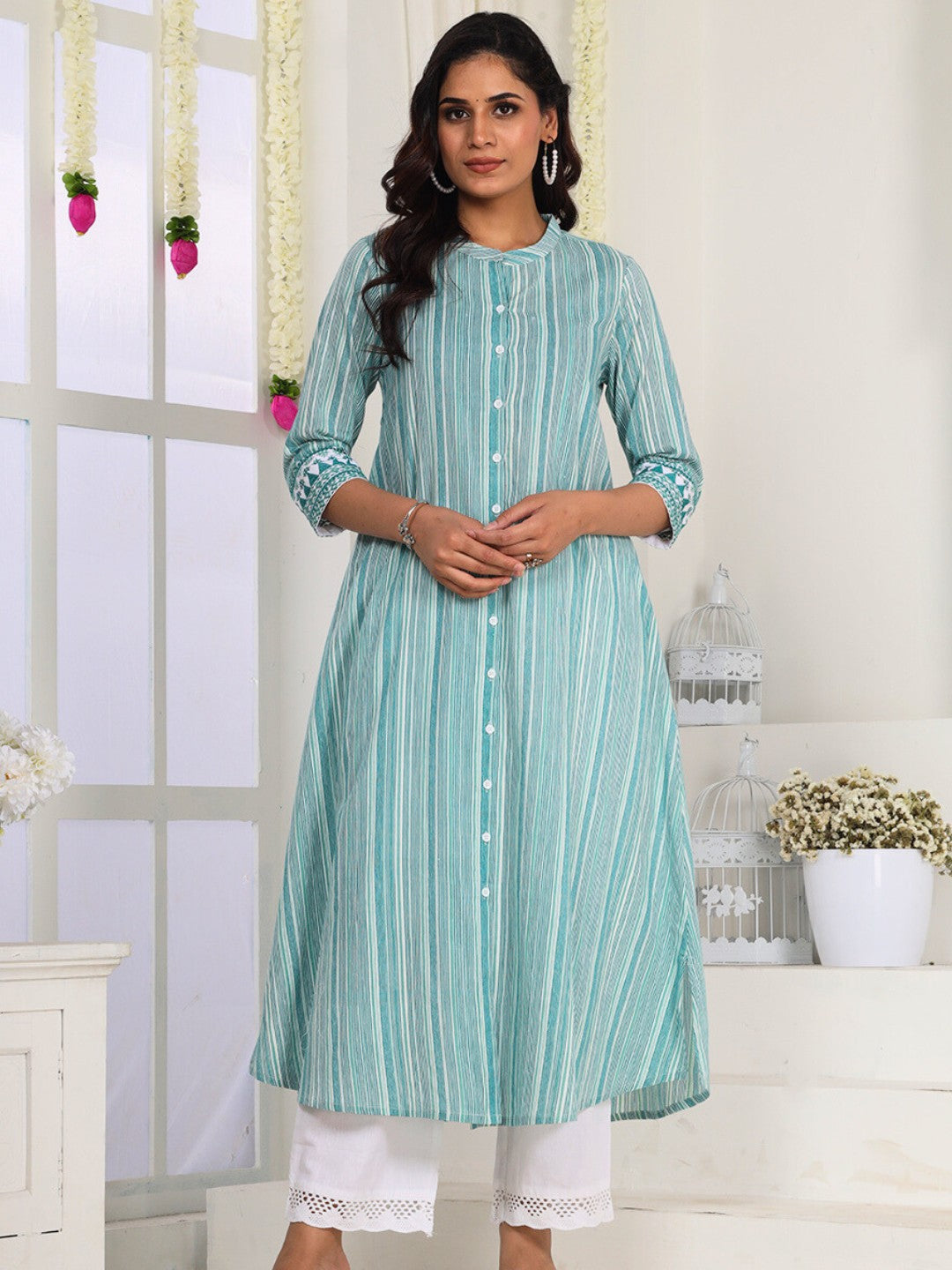 Aqua Teal Striped Cotton Kurta for Women