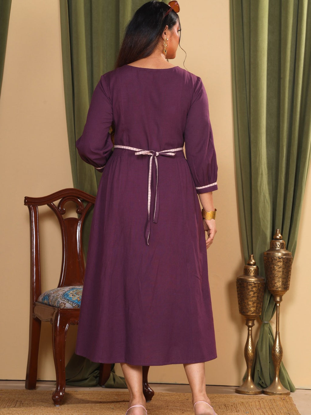 Aubergine Purple Embroidered Cotton-Linen Dress