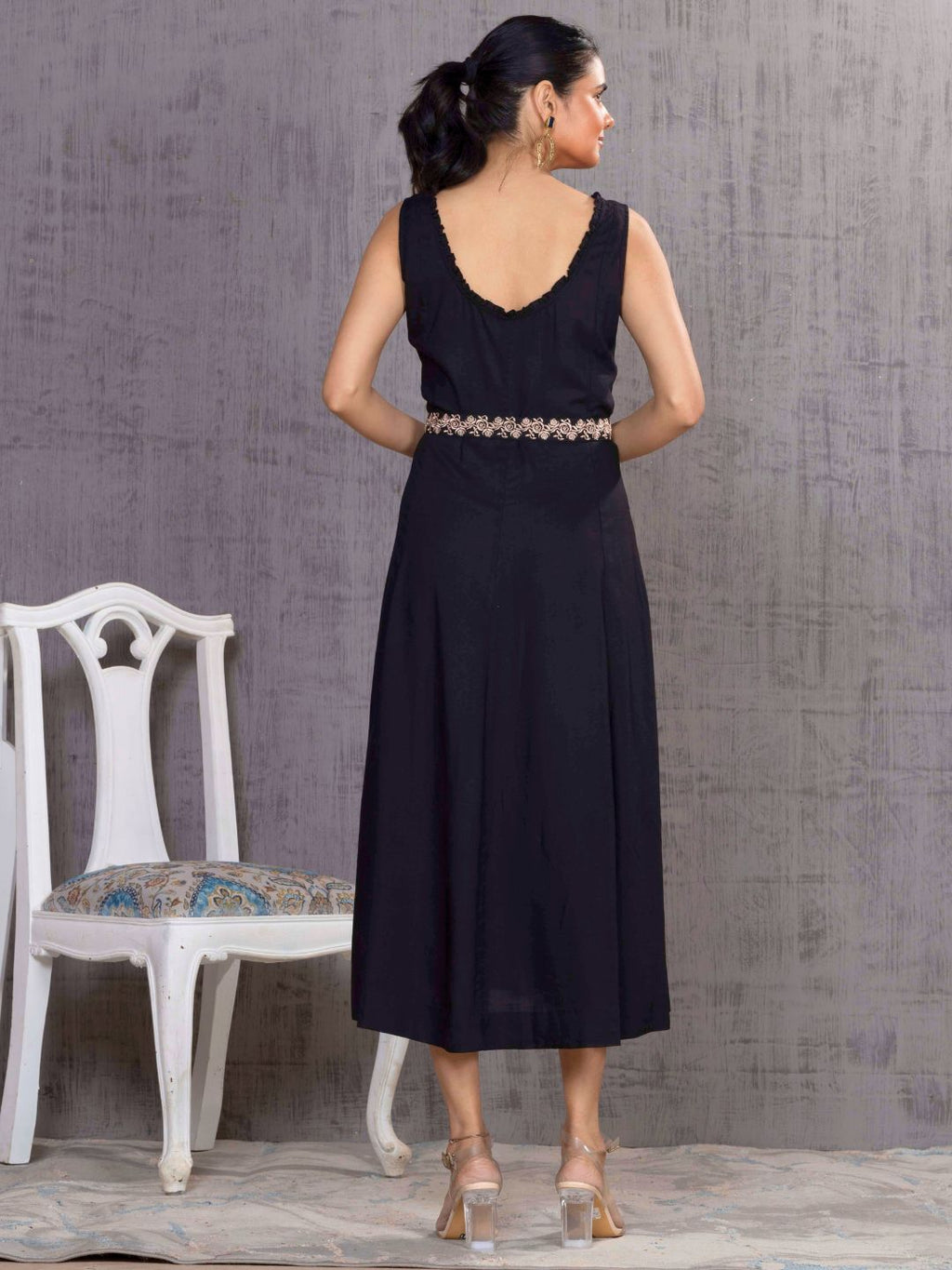 Imperial Black Parsi Gara Belted A-Line Dress