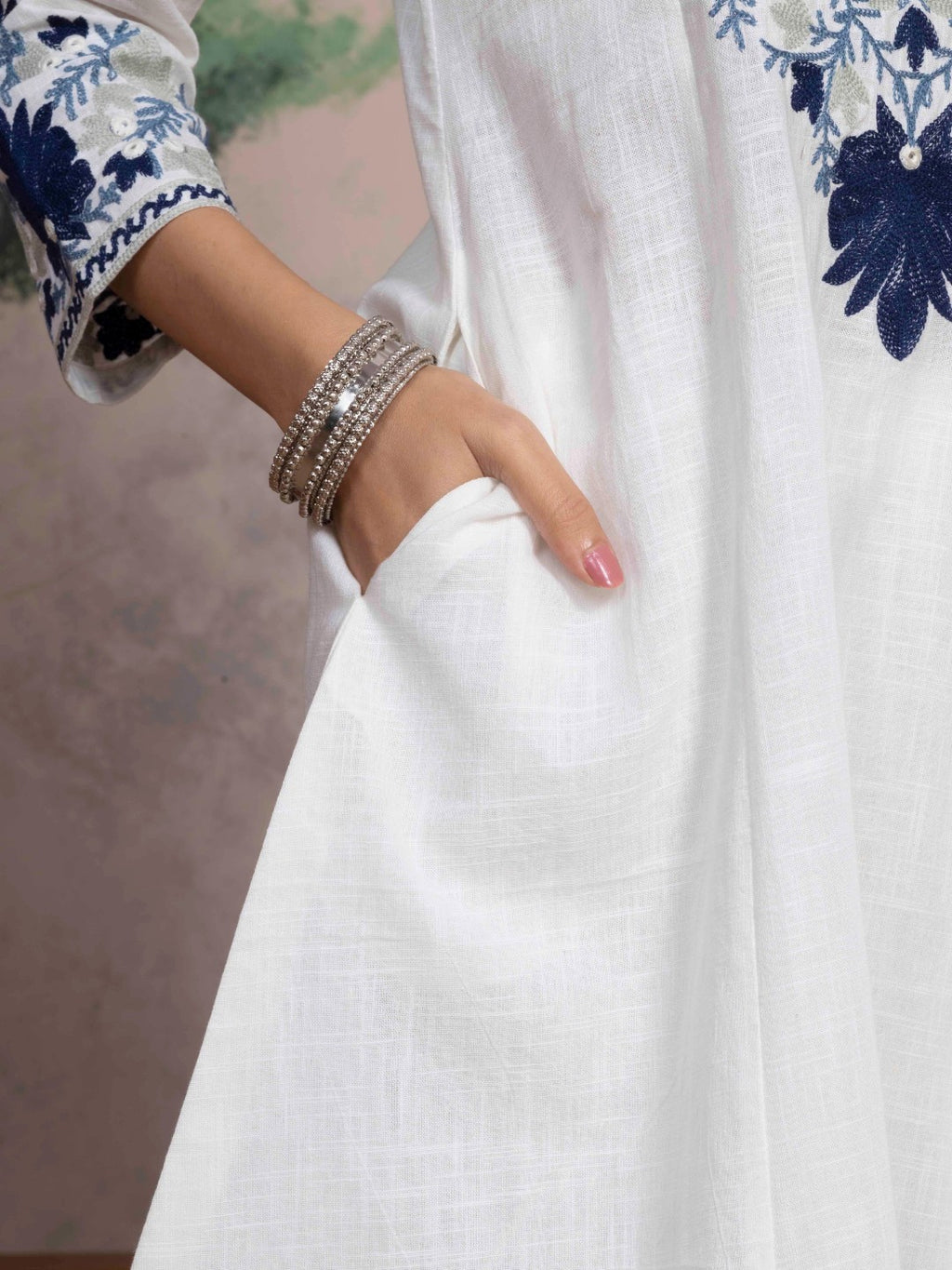 Soft White Kashida Embroidered A-Line Cotton Kurta Set with Salwar