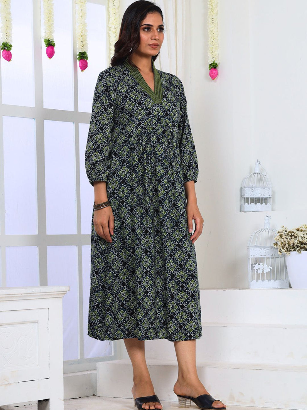 Blue Green Printed A-Line Dress with Embroidery and Pockets