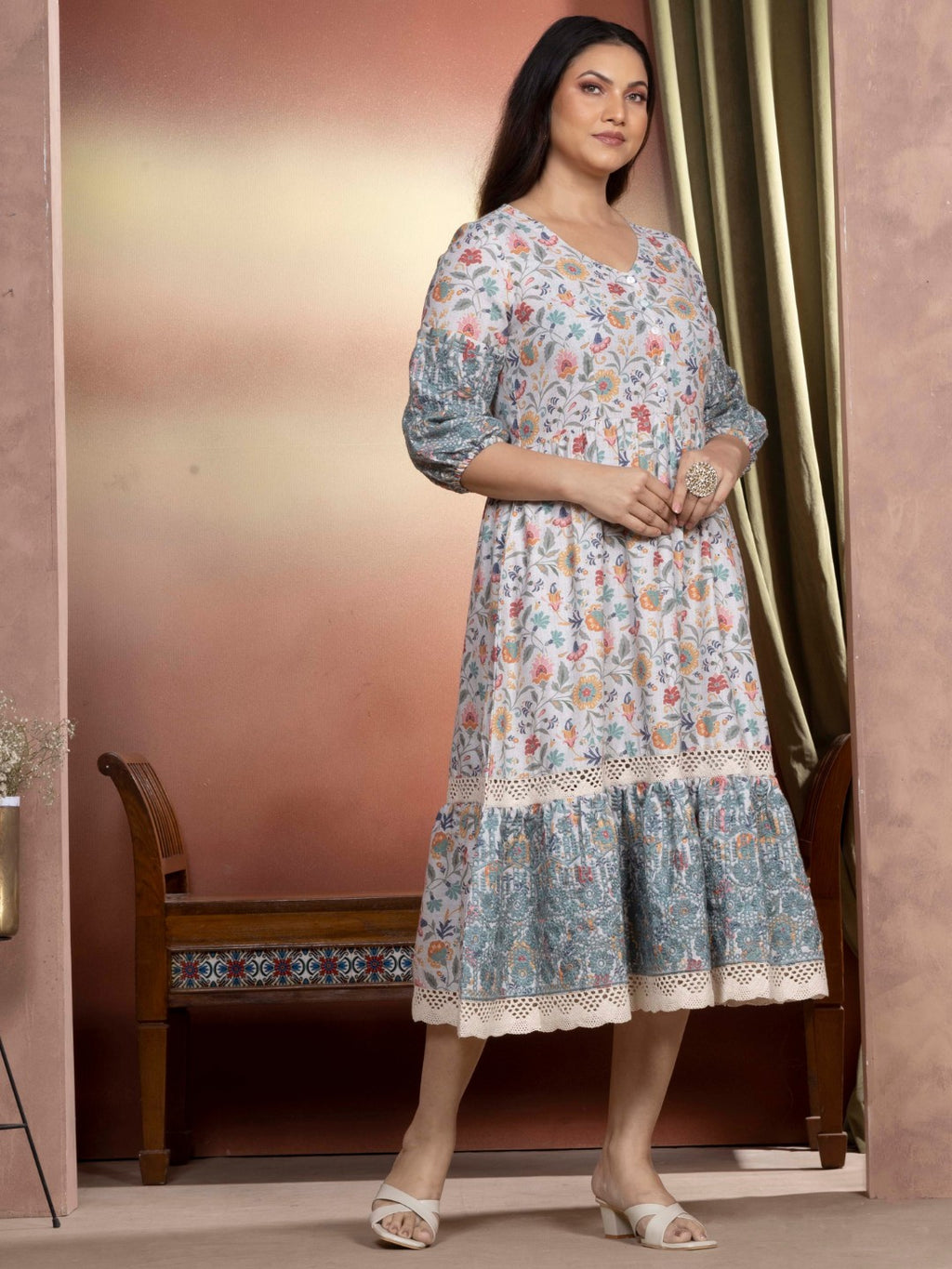 Candlelit Beige Vintage Meadow Boho Tiered Dress