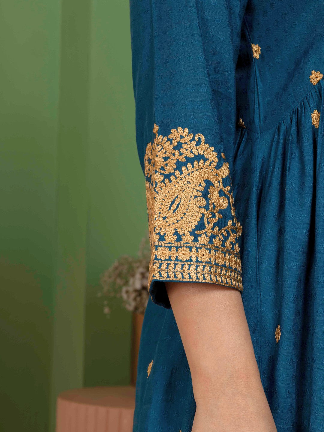 Midnight Teal Kashida Embroidered Fit and Flare Kurta with Salwar and Dupatta