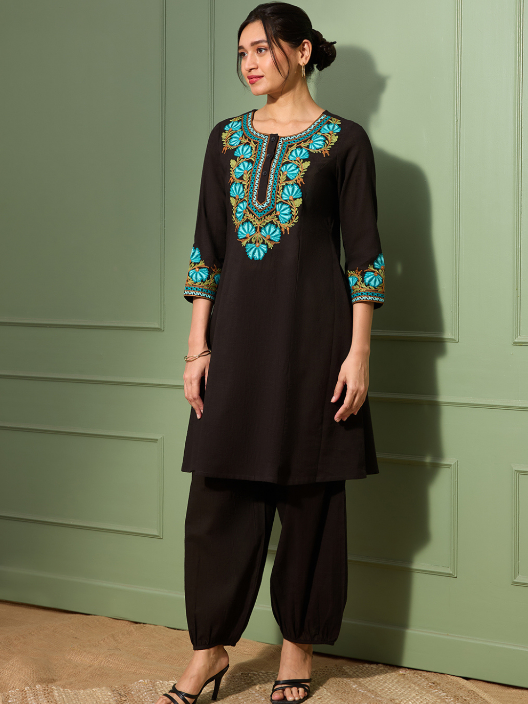 Noir Black Kashida Embroidered A-Line Cotton Kurta Set with Afghani Salwar