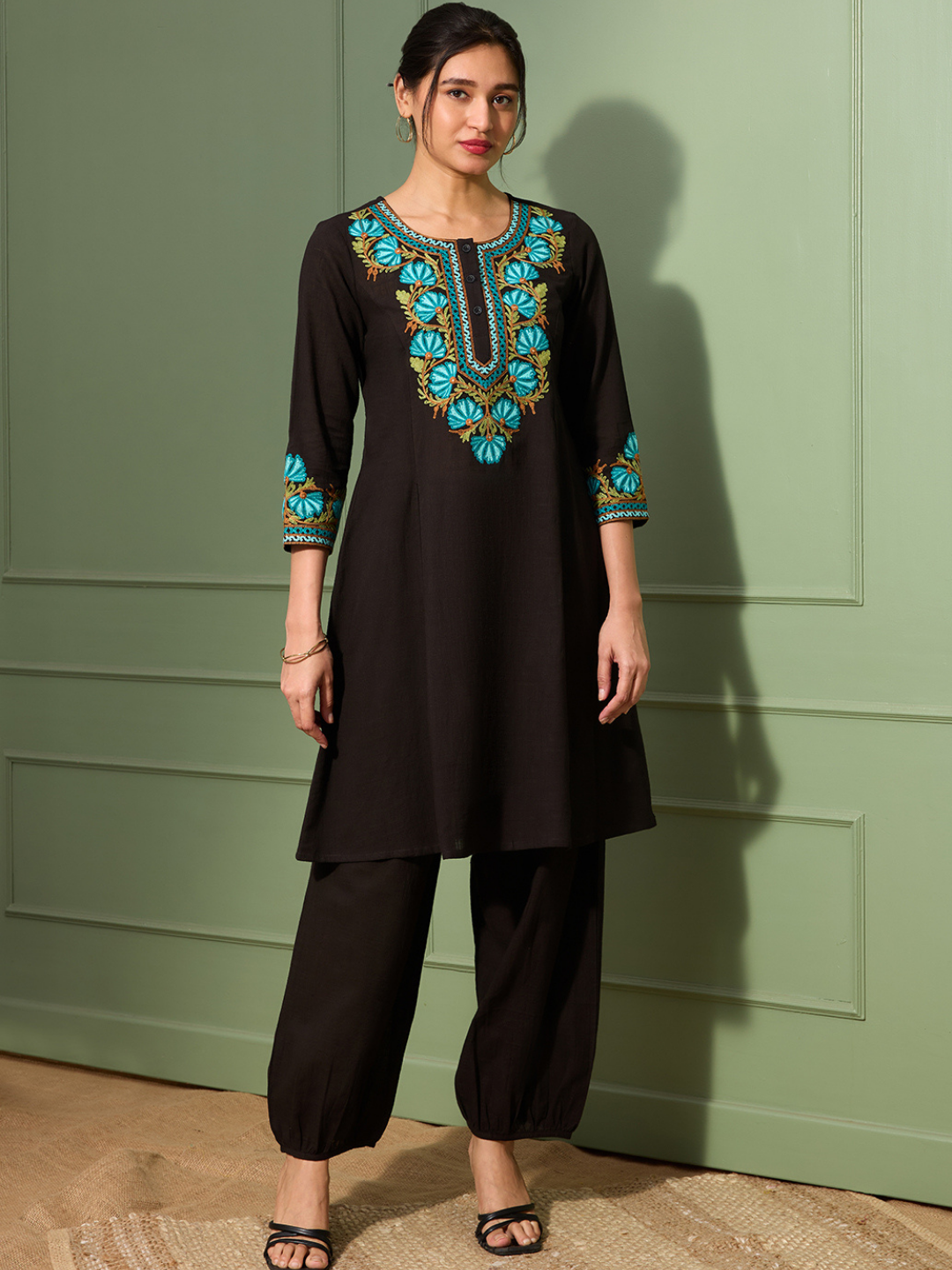 Noir Black Kashida Embroidered A-Line Cotton Kurta Set with Afghani Salwar
