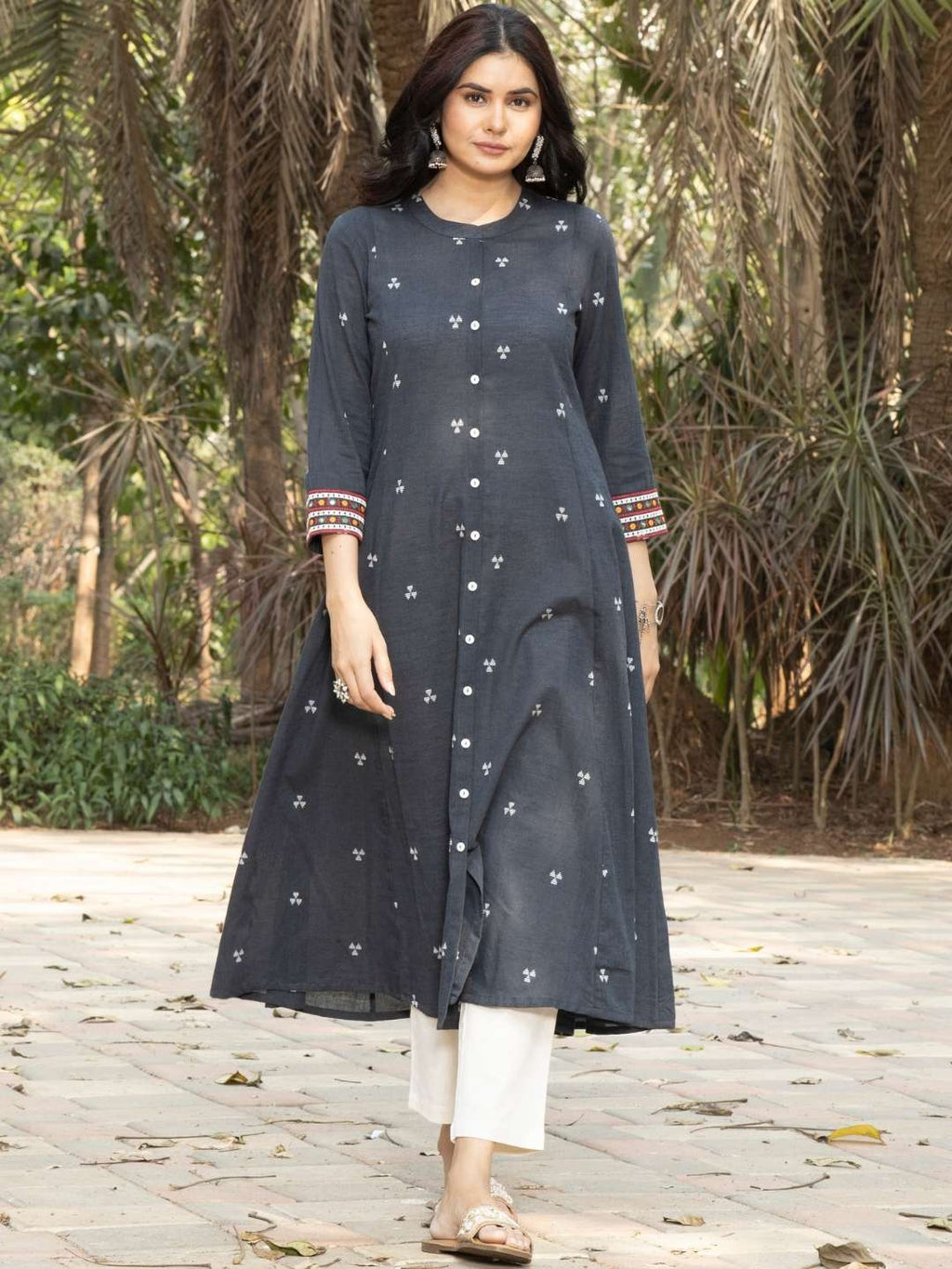 Grey Woven Design Cotton Kurta with Embroidery on Sleeves