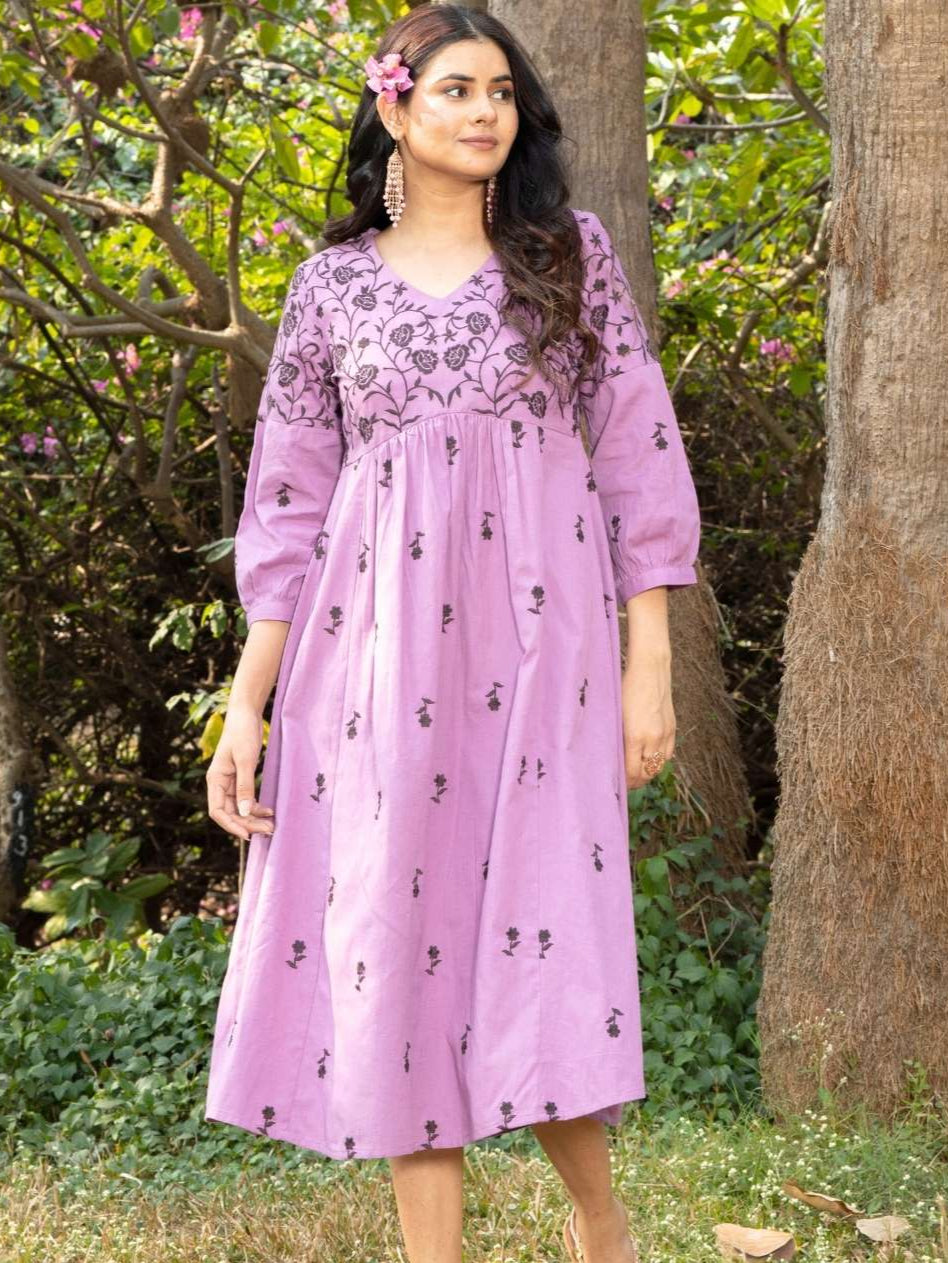 Mauve Boho Embroidered Cotton Midi Dress