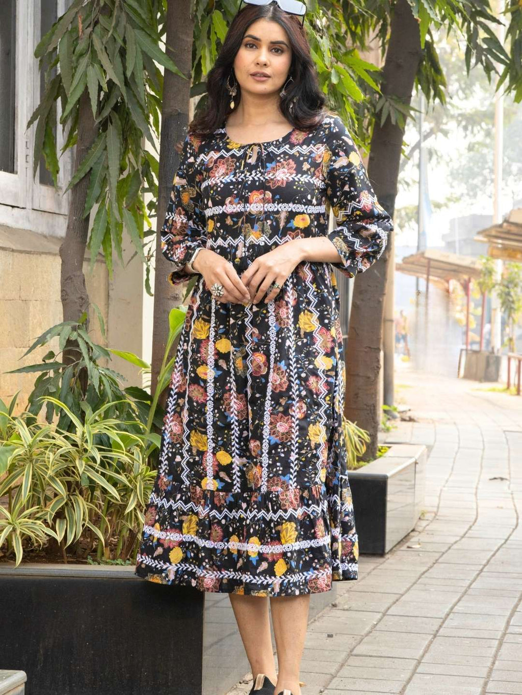 Black Floral Print Cotton Embroidered Dress
